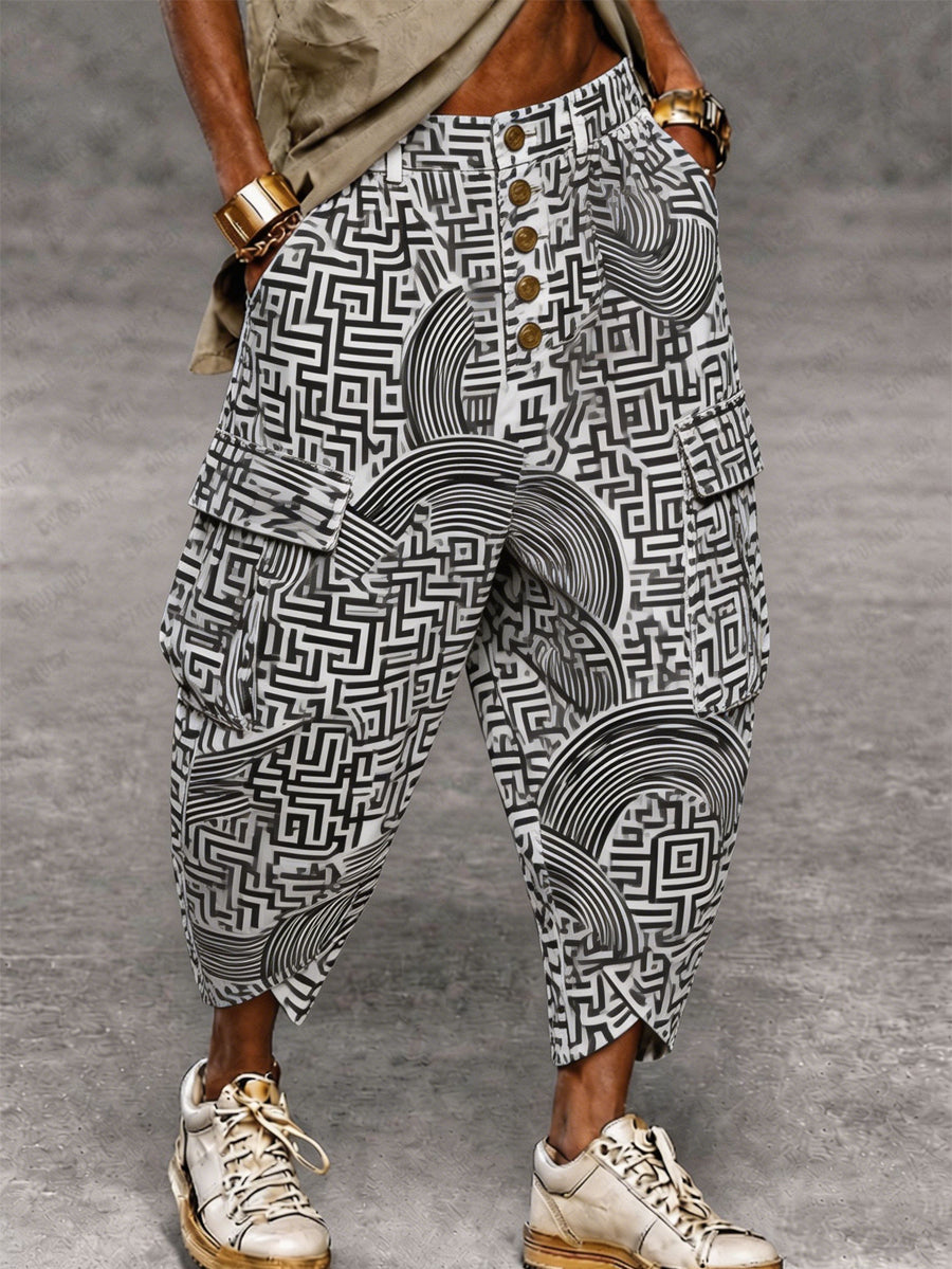Men's Retro Art Print Casual Cargo Pants